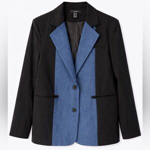 Forever 21 Black Blazer Jacket w/ Denim Contrast Panel Shoulder Pads Size M